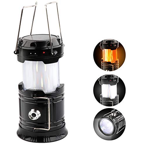 Chizea Solar LED Campinglampe, 3 IN 1 LED Camping Laterne Mit Flamme Lampe Funktion Super hell Taschenlampe Ideal für Camping, Outdoor, Wandern, Angeln, Abenteuer, Notfälle (Schwarz)