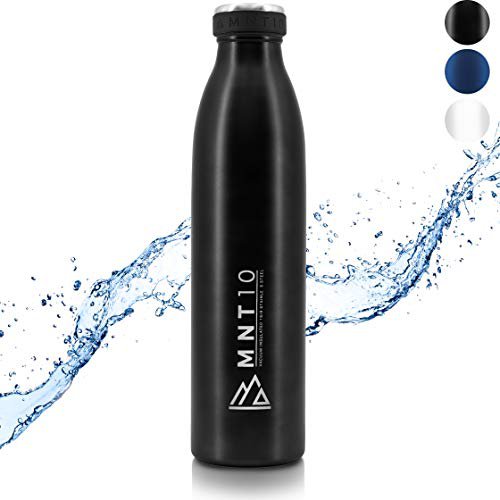 MNT10 Trinkflasche Edelstahl - 500ml, 750ml, 1000ml - Isolierte Thermoflasche, Flasche kohlensäure geeignet, Isolierflasche auslaufsicher für Sport, Wandern, Schule, Uni (Schwarz, 1000 ml)