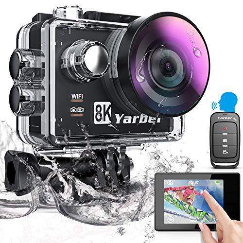 Yarber Action Cam, 8K 20MP Digitale Action Kamera mit WiFi Touchscreen EIS 40M, Sports Helm Kameras 8X Zoom Sprachsteuerung Fernbedienung Zubehör Kit Unterwasserkamera