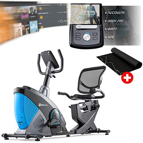 HS HOP-SPORT Hop-Sport Liegeergometer HS-070L mit Unterlegmatte - Liegeheimtrainer mit Bluetooth & App-Steuerung, 12 Trainingsprogramme, 16 Widerstandsstufen – Sitzergometer max. Nutzergewicht 150 kg blau