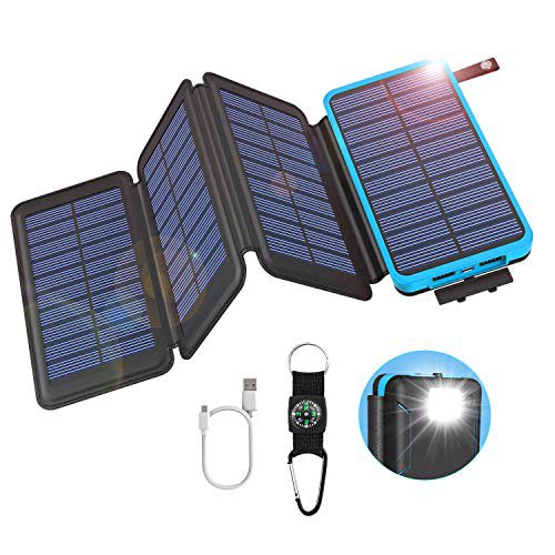 GOODaaa Solar Powerbank 25000mAh mit 4 Faltbar Solarpanels High Capacity Tragbares USB 5V 2A Solar Ladegerät Outdoor Notfall-Energie Externer Akku mit LED-Licht Kompass für Cellphones Tablet (Blau)