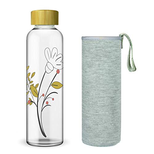 Wenburg Trinkflasche/Glasflasche mit Print und Bambus Deckel 550/750 ml, Neopren Hülle. Sportflasche/Wasserflasche aus Glas. Für Unterwegs (Blume, 550 ml)