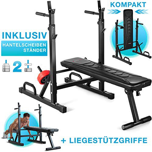 Sportstech Innovative 21in1 Hantelbank mit Hantelscheibenständer & Liegestützgriffe, intelligentes Faltsystem, Trainingsbank BRT300 klappbar, Anti-Rutsch Füße, Eva Polster & Echtleder-Optik DIP Griffe