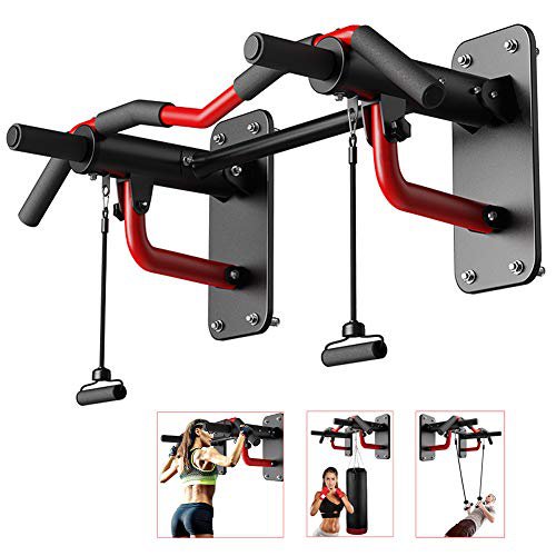 ZQQ Klimmzugstange Zur Wandmontage, Faltbare Multifunktionale Klimmzugstange Tauchständer Für Indoor-Heimtraining Mit Latex-Zugseil,Rot