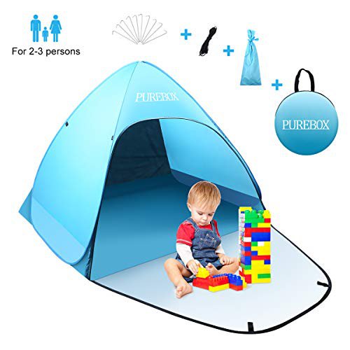 PUREBOX Strandmuschel groß Pop up Strandzelt Extra Leicht UV Schutz 50+ Sonnenschutz Tragbar Beach Zelt Belüftung Wasserdicht Outdoor Wurfzelt für 1-3 Personen mit erweiterter Veranda