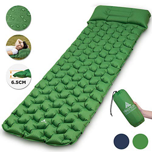 HIKENTURE Isomatte Camping Aufblasbar mit Kissen, Strapazierfähige Luftmatratze Kleines Packmaß, Ultraleichte Schlafmatte, Ideales Camping Zubehör für Outdoor, Wandern, Trekking, Strand, Reise-Grün