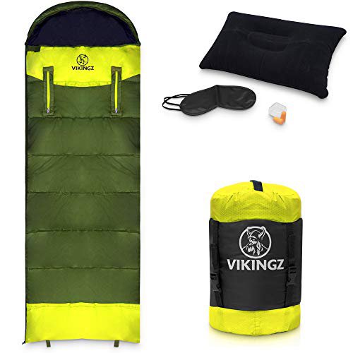 Vikingz VIKINGZ 4 Jahreszeiten Schlafsack für Erwachsene und Kinder – Ultraleicht mit kompakten Packmaß -Wasserdicht und waschbar -Ideal für Camping Festival & Survival inkl. Kompressionsbeutel & Bonus-Set