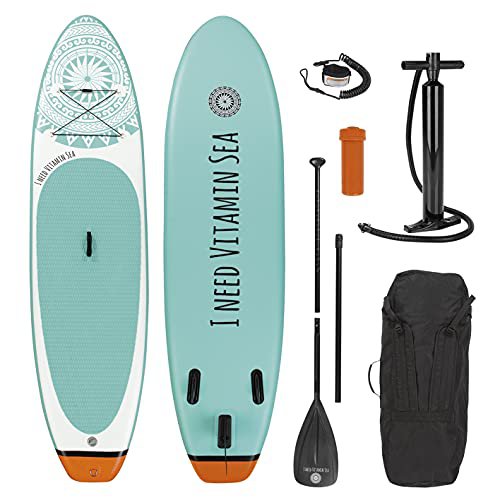 EASYmaxx - MAXXMEE Stand-Up Paddle-Board 'I Need Vitamin SEA' | Inkl. Tragetasche, Reparatur-Kit & Luftpumpe, mit praktischem Tragegriff | Premium Qualität
