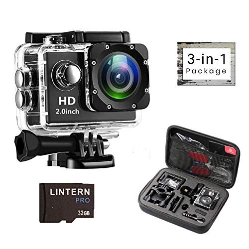 Lintern Pro "Explore 4-in-1 Action-Kamera, 16 Megapixel, Sportkamera, wasserdichtes Gehäuse, 4K-Qualitätsbilder, 170-Grad-Fischaugenwinkel, Tragetasche, 32 GB Speicherkarte, Montagezubehör