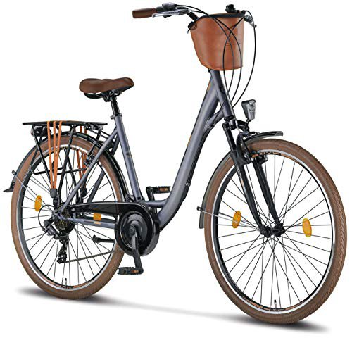 Licorne Bike Premium City Bike in 24,26 und 28 Zoll - Fahrrad für Mädchen, Jungen, Herren und Damen - Shimano 21 Gang-Schaltung - Hollandfahrrad - Violetta - Anthrazit