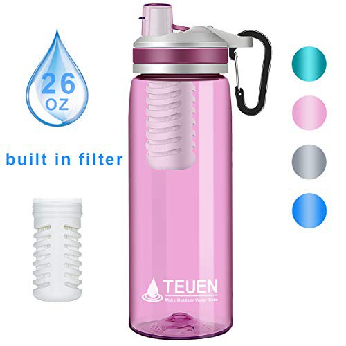 TEUEN Wasserfilter Trinkflasche 770ml Wasserflasche mit Filter Entfernt Bakterien & Protozoen, Camping Wasseraufbereitung Trinkwasser Portabler Wasserfilter Outdoor Survival Trinkwasserfilter (Rosa)