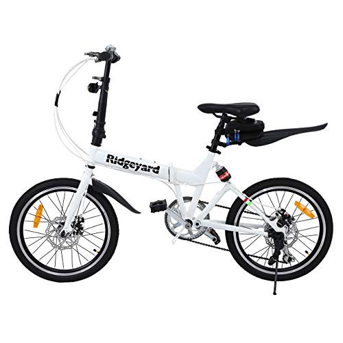 MuGuang Faltbares Fahrrad 20 Zoll 7 Gang Faltmaschine + LED Batterie Leuchte + Sitztasche + Fahrradglocke (Weiß)