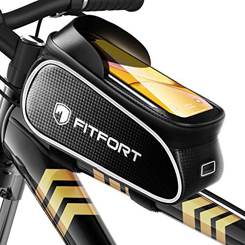 FITFORT Fahrrad Rahmentasche Wasserdicht Lenkertasche Oberrohrtasche Touchscreen handyhalterung mit Kopfhörerloch Reflektierend für Smartphone unter 6,7 Zoll