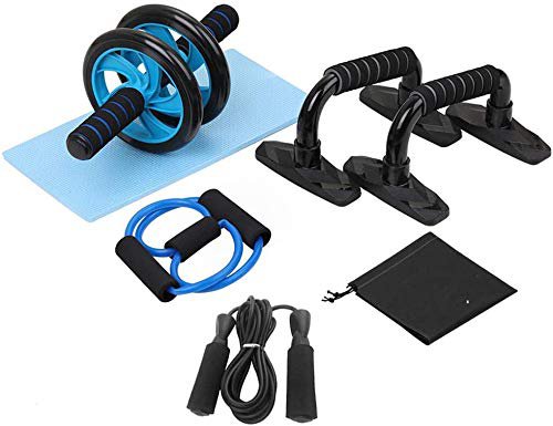 Lixada AB Roller Bauchtrainer, 5-in-1 Fitness Trainings Geräte Set Pro, mit Springseil/Liegestützgriffe/Rutschfester Kniematte/Federtrainer für Heimübungen Muskelkraft Fitness (5-in-1)
