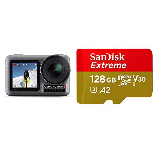 DJI Osmo Action Cam - Digitale Actionkamera mit 2 Bildschirmen 11m wasserdicht 4K HDR-Video 12MP, Schwarz & SanDisk Extreme microSDXC UHS-I Speicherkarte 128 GB + Adapter & Rescue Pro Deluxe