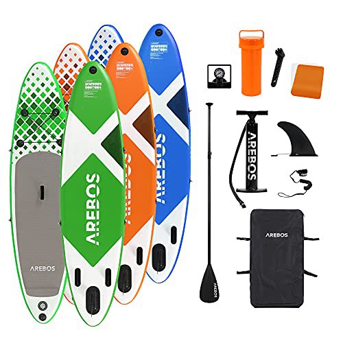 Arebos SUP Board | Stand up Paddling | Surfboard | 320 cm | aufblasbar | Double-Layer | Alu-Paddel | Hochdruck-Pumpe | Transportrucksack | 135kg Tragkraft | Grün