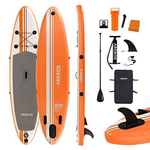 Arebos SUP Board | Stand up Paddling | Surfboard | 300 cm | aufblasbar | Single-Layer | Alu-Paddel | Hochdruck-Pumpe | Transportrucksack | 115kgTragkraft | Orange