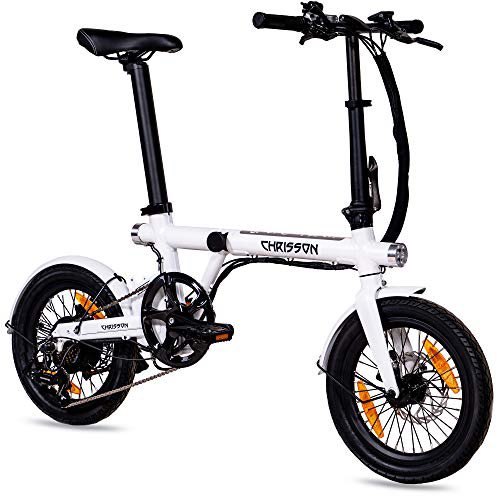 CHRISSON 16 Zoll E-Bike Klapprad ERTOS 16 weiß-glänzend - E-Faltrad mit Hinterrad Nabenmotor 250W, 36V, 30 Nm, Pedelec Faltrad mit Schutzblechen für Damen und Herren, praktisches Elektro Klapprad