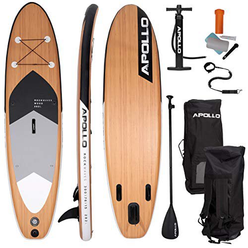 Apollo SUP Board Wood - Allround - 300 x 76 x 15 cm, iSUP Komplettset, Stand-up-Paddling Set, aufblasbares Board, inkl. Paddel, Pumpe und Reparaturset, für Anfänger und Profis