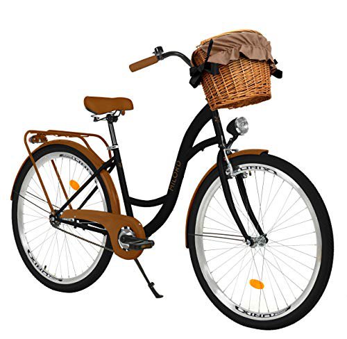 Milord Bikes Milord. 26 Zoll 3-Gang schwarz-braun Komfort Fahrrad mit Korb und Rückenträger, Hollandrad, Damenfahrrad, Citybike, Cityrad, Retro, Vintage