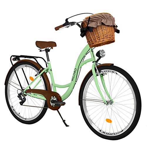 Milord Bikes Milord. 26 Zoll 7-Gang, Mint grün, Komfort Fahrrad mit Korb und Rückenträger, Hollandrad, Damenfahrrad, Citybike, Cityrad, Retro, Vintage