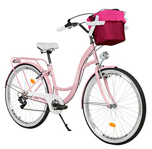 Milord Bikes Milord. 28 Zoll 7-Gang Rosa Komfort Fahrrad mit Korb und Rückenträger, Hollandrad, Damenfahrrad, Citybike, Cityrad, Retro, Vintage