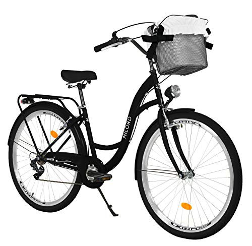 Milord Bikes Milord. 28 Zoll 7-Gang schwarz Komfort Fahrrad mit Korb und Rückenträger, Hollandrad, Damenfahrrad, Citybike, Cityrad, Retro, Vintage