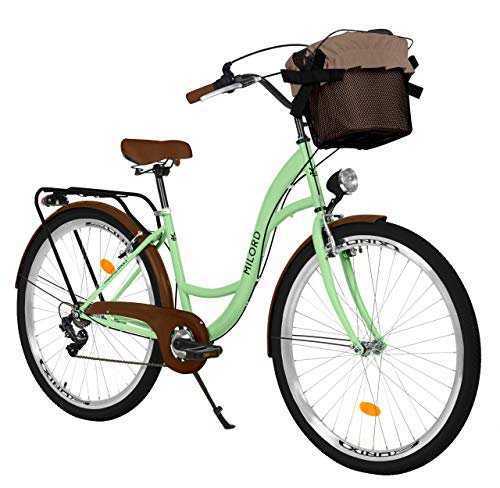 Milord Bikes Milord. 28 Zoll 7-Gang, Mint grün, Komfort Fahrrad mit Korb und Rückenträger, Hollandrad, Damenfahrrad, Citybike, Cityrad, Retro, Vintage