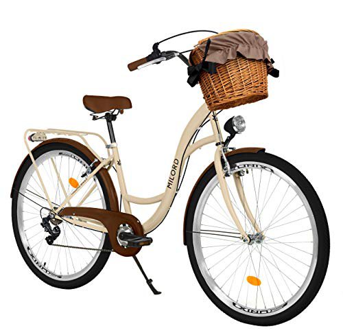 Milord Bikes Milord. 26 Zoll 7-Gang, Cappuccino Farbe, Komfort Fahrrad mit Korb und Rückenträger, Hollandrad, Damenfahrrad, Citybike, Cityrad, Retro, Vintage