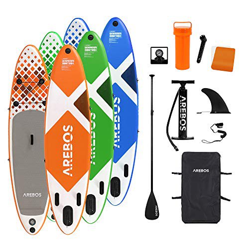 Arebos SUP Board | Stand up Paddling | Surfboard | 300 cm | aufblasbar | Double-Layer | Alu-Paddel | Hochdruck-Pumpe | Transportrucksack | 135kg Tragkraft | Orange