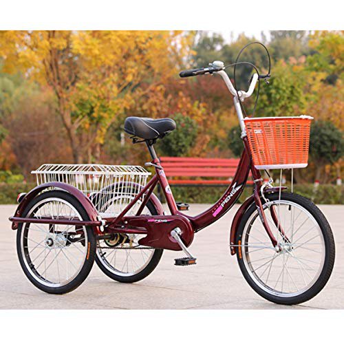 ZFF Dreirad Für Erwachsene 20 Zoll 3 Rad Single Speed Dreirad Trike Bike Radfahren Mit Korb Zum Anfänger Fahrer Erholung Einkaufen Picknicks Übung Rotwein