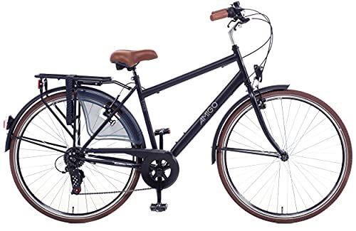 AMIGO Amigo Style - Cityräder für Herren - Herrenfahrrad 28 Zoll - Geeignet ab 170-175 cm - Shimano 6 Gang-Schaltung - Citybike mit Handbremse, Beleuchtung und fahrradständer - Schwarz