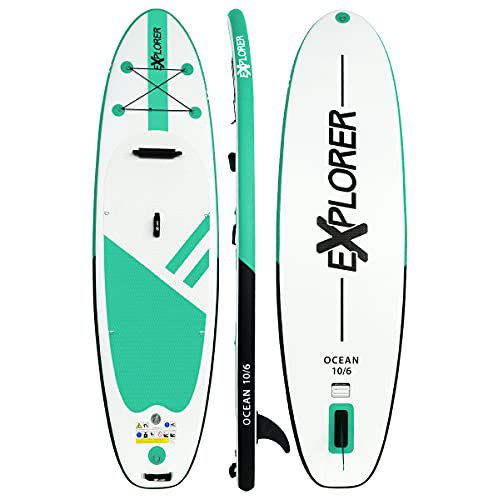 Loftra SUP Board 320cm (aufblasbar/ISUP) Explorer Ocean Komplettset mit Paddel, Leash, Kajaksitzvorbereitung, Doppelhubpumpe, Tragetasche - TOP Set für Einsteiger und Fortgeschrittene (Mint weiß)
