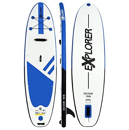 Loftra SUP Board 320cm (aufblasbar/ISUP) Explorer Ocean Komplettset mit Paddel, Leash, Kajaksitzvorbereitung, Doppelhubpumpe, Tragetasche - TOP Set für Einsteiger und Fortgeschrittene (blau weiß)