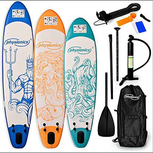 Physionics ® Stand Up Paddle Board - 305/320/366cm Aufblasbar, Verstellbares Paddel, Handpumpe mit Druckmesser, Rucksack, Farbwahl - SUP, Paddling Board, Surfboard (320 x 80 x 15 cm, Mermaid Orange)