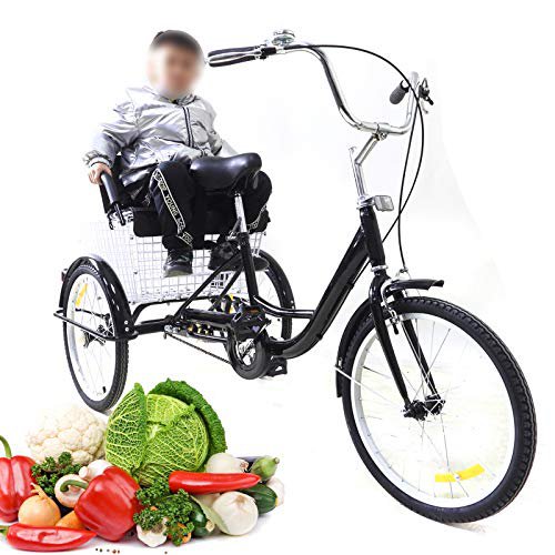 niyouustone Erwachsenen-Fahrrad mit 3 Rädern mit Einkaufskorb und Kindersitzkorb, Singlespeed Dreirad Erwachsene Trike Cruiser Bikes 3 Rad + faltbarer Rückenkorb für Outdoor Sport Radfahren Shopping mit Kindern
