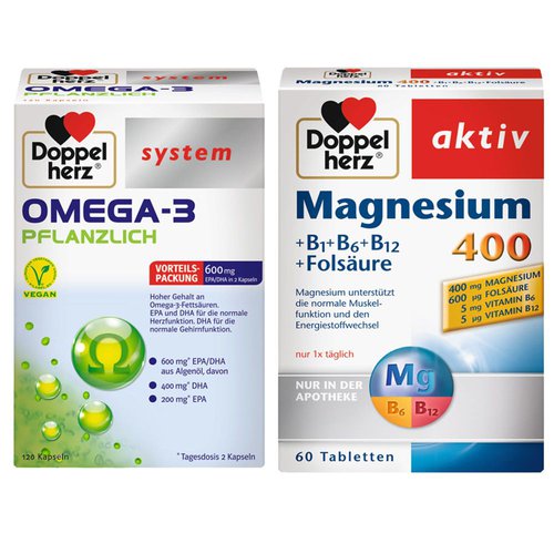 Doppelherz Doppelherz® aktiv Magnesium 400 + B1 + B6 + B12 + Folsäure Tabletten + Doppelherz® system Omega-3 Pflanzlich