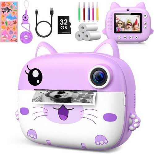 Greenkinder Speichern statt ausdrucken Kinderkamera (12 MP, 10x opt. Zoom, inkl. Verbessertes 10-faches Digitales Zoom: Klares Bild auch bei Nacht, Multifunktionale 2,4-Zoll-Bildschirm 1080P-HD 32G Karte & Druckpapier)