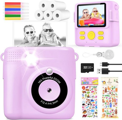 Yikanwen Hochwertiges ABS-Material Kinderkamera (8 MP, 16x opt. Zoom, inkl. Wiederaufladbarer 1000mAh Lithium-Ionen Akku für stundenlangen Spaß, Robuste Multifunktionale mit 2,4-Zoll-Bildschirm 1080P-HD 32G Karte)