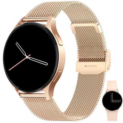 Levowatch EDGY Damen Smartwatch, AMOLED Always-On, KI Steuerung, Fitness Tracker Smartwatch (3,8 cm/1,43 Zoll, Android und iOS) inkl. Wechselarmband, 3-teilig, goldfarben, Edelstahlgehäuse, Telefonfunktion, Sprachsteuerung, Puls, Schlafüberwachung, wasserdicht, Blutdruck, Frauenmonitor, Anrufe, Musik, Markenqualität