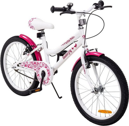 Actionbikes Motors Kinderfahrrad Mädchen Kinder Fahrrad Butterfly 20 Zoll - ab 6 Jahre, 1 Gang, ohne Schaltung, (20 Zoll, ab 115 cm Körpergröße, Freilauf, Kettenschutz, Reflektoren, Luftbereifung, Schutzbleche, Klingel, Katzenaugen, Fahrradständer, 1-tlg., V-Brake-Bremsen, Antirutschgriffe, max. Zuladung 50 kg, weiß / pink), höhenverstellbares Bike Jungen Mädchen Kinderrad ab 6 Jahre