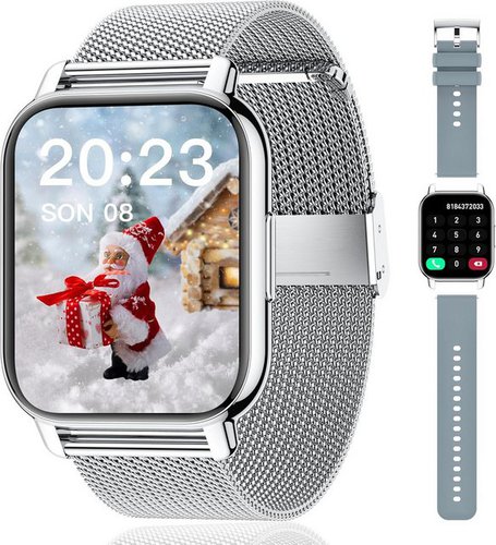 Popglory Damen's und Herren's Telefonfunktion Fitness-Tracker IPx8 Wasserdicht Smartwatch (5,08 cm/2 Zoll, Android/iOS), mit austauschbarem weichem Silikonarmband, mit Blutdruckmessung Herzfrequenz Schlafmonitor SpO2, Sport modus