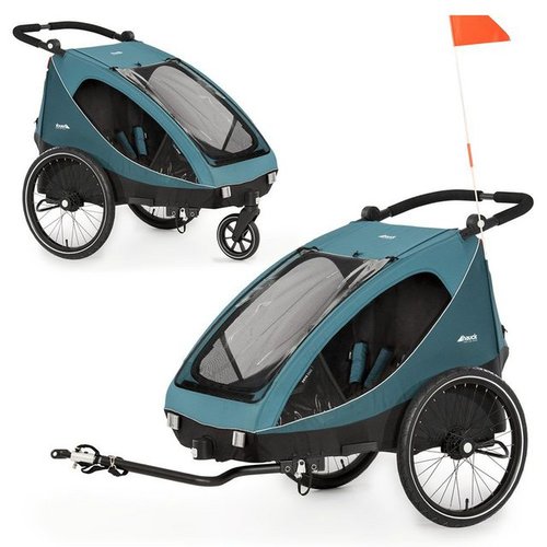 Hauck Fahrradkinderanhänger Dryk Duo - Petrol, 2in1 Fahrrad Anhänger für 2 Kinder Bike Trailer & Buggy inkl. Deichsel