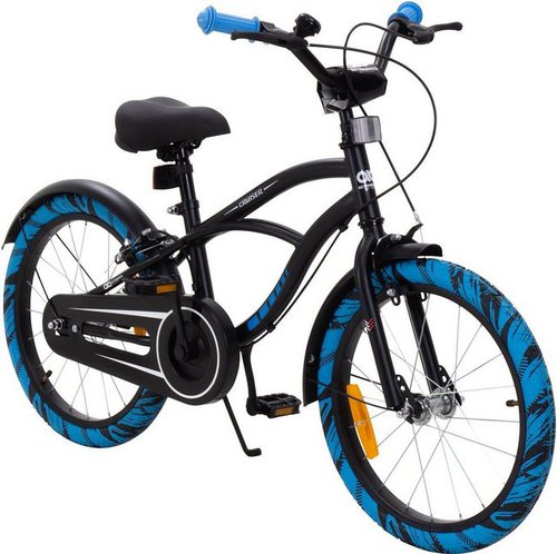 Actionbikes Motors Kinderfahrrad Kinder Fahrrad Cruiser 18 Zoll - ab 5 Jahre, 1 Gang, ohne Schaltung, (Trapez-Rahmen, V-Brake-Bremsen, max. Zuladung 35 kg, schwarz / blau, 1-tlg., Klingel, Kettenschutz, Reflektoren, Katzenaugen, Fahrradständer), höhenverstellbares Bike Jungen Mädchen Kinderrad ab 110 cm