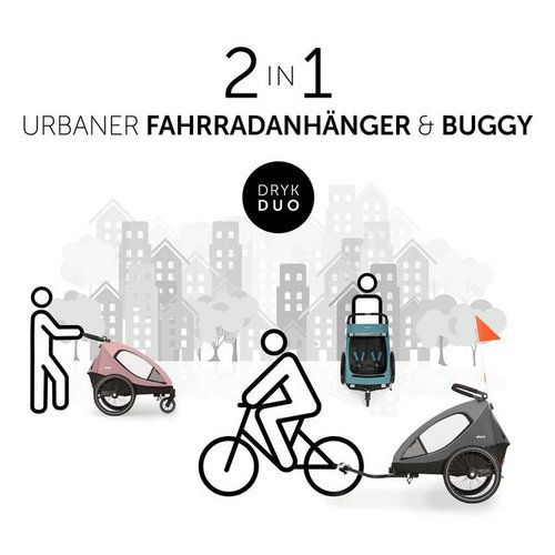 Hauck Fahrradkinderanhänger Dryk Duo - Melange Grey, 2in1 Fahrrad Anhänger für 2 Kinder Bike Trailer & Buggy inkl. Deichsel