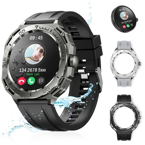 Tisoutec Smartwatch Damen Herren Smartwatch Schwarz+silber austauschbares Uhrengehäuse+Silikonarmband, Fitness Tracker Uhr für Damen Herren Smartwatch (1,39" HD Voll Touchscreen Zoll) IP68 Wasserdicht Fitness Uhr, Uhren Watch für Android IOS, Pulsmesser Schrittzähler Schlafmonitor Aktivitätstracker