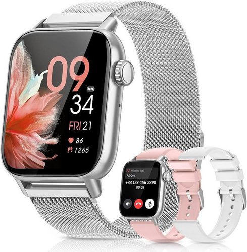 Swgota 3 austauschbare Armbänder (1 Milanaise Armband, 2 Silikonbänder) Smartwatch (1,83 Zoll, Android iOS), Pulsuhr Schlafmonitor Schrittzähler SpO2 113 Sportmodi Wasserdicht