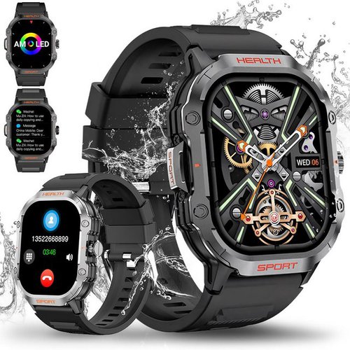 Ohugna Informationsbildschirm Smartwatch (2,01 Zoll, Android, iOS), Robuste Militär-Smartwatch,Wasserdichte Outdoor-Sport-Fitness-Tracker