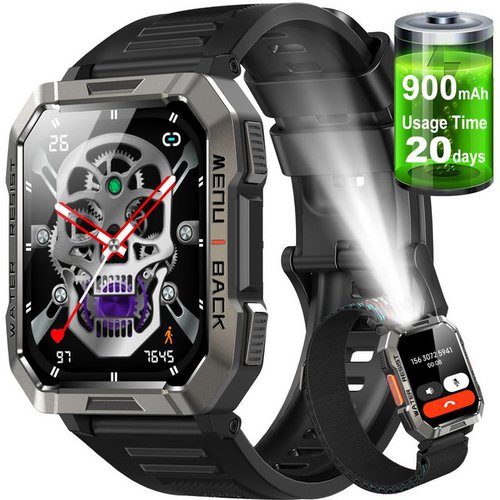 Blackview W60 Fitness-Uhr Militärstil mit Telefonfunktion LED Taschenlampe Smartwatch (5.1 cm/2.01 Zoll), 1-tlg., Pulsuhr, Schrittzähler,Gesundheitsüberwachung, 100+ Sportmodi