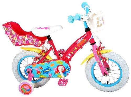 Tpfsports Kinderfahrrad Volare Peppa Pig 12 Zoll mit 2x Handbremse, 1 Gang, (Mädchen Fahrrad - Rutschfeste Sicherheitsgriffe), Kinder Fahrrad 12 Zoll mit Stützräder Laufrad Mädchen Kinderrad